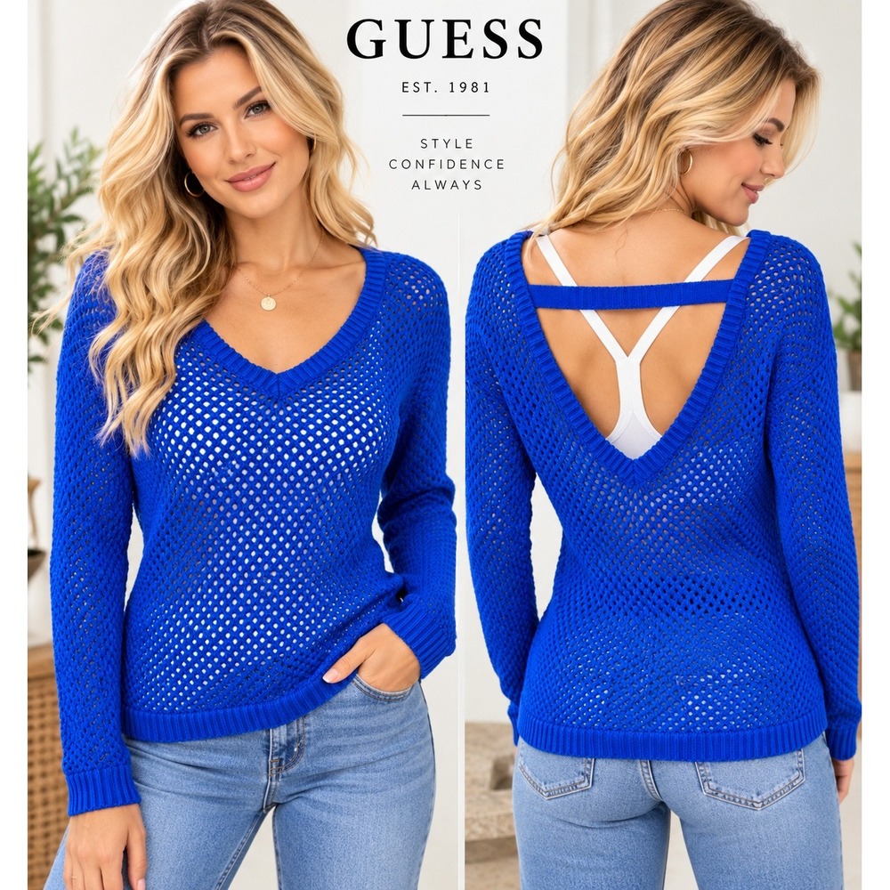 Guess Womens Royal Blue Open Knit V-Back Mesh Crochet Sweater XL Long Sleeve